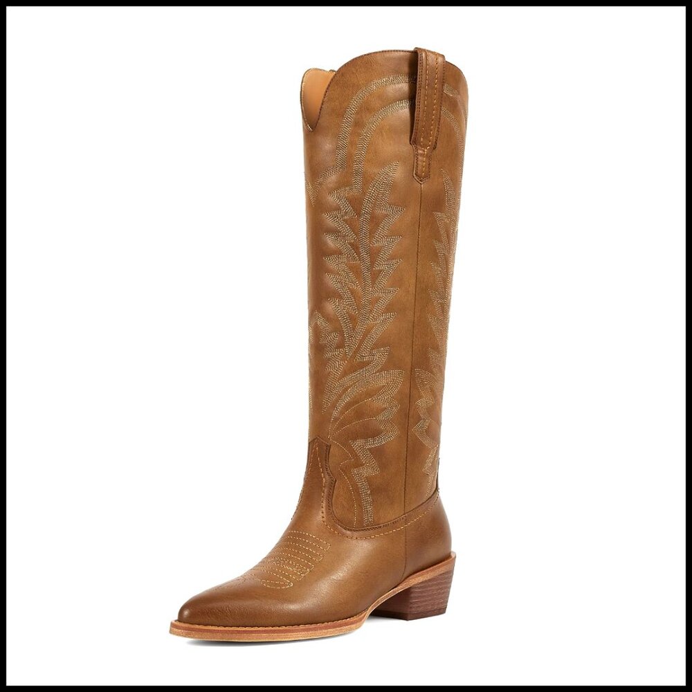 Knee High Cowboy Boots Retro Western Pull On Chunky Heel Embroidered Pointed Toe